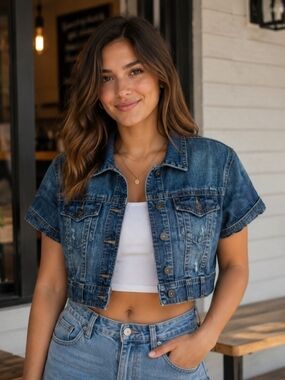 Star Jeans Vintage Cropped Short Sleeve 100% Cotton Denim Jacket Size Large